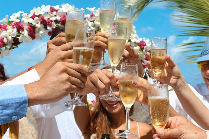 This photo shows a wedding group doing a toast